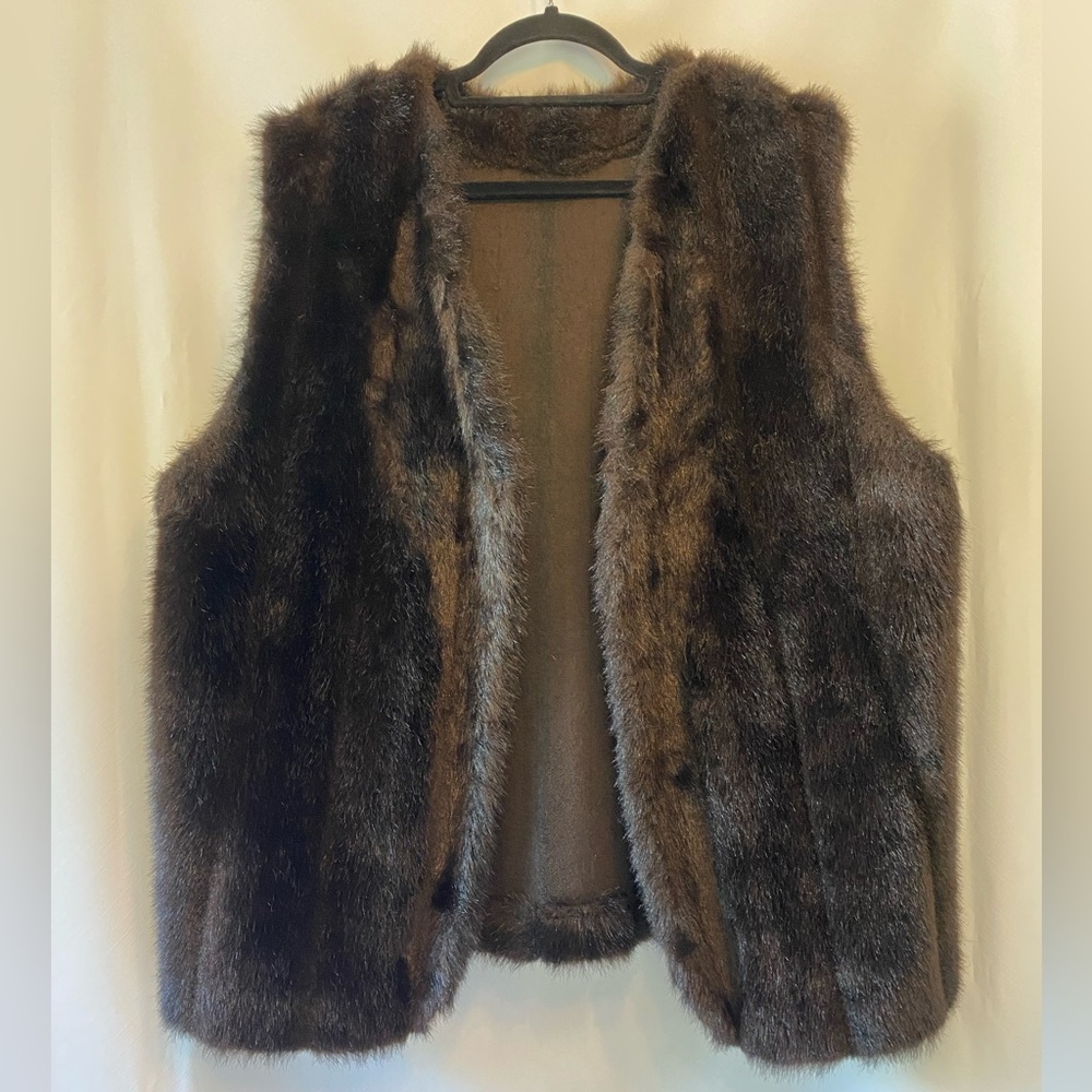 Women's Chocolate Brown Faux Fur Vest Large Open Front Vintage Trendy Handmade